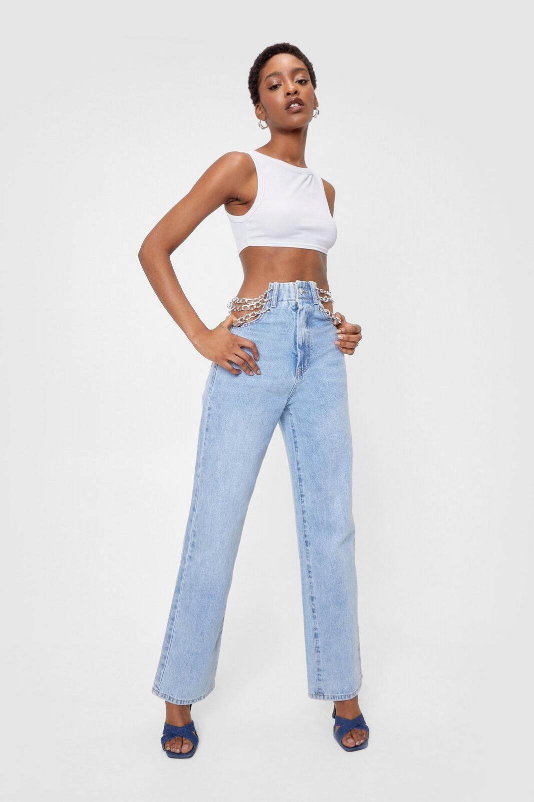 Blue Chain Detail High Waisted Straight Leg Jeans image number 1