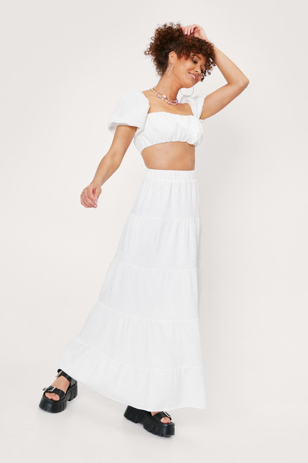 White Plisse Tiered High Waisted Maxi Skirt image number 1