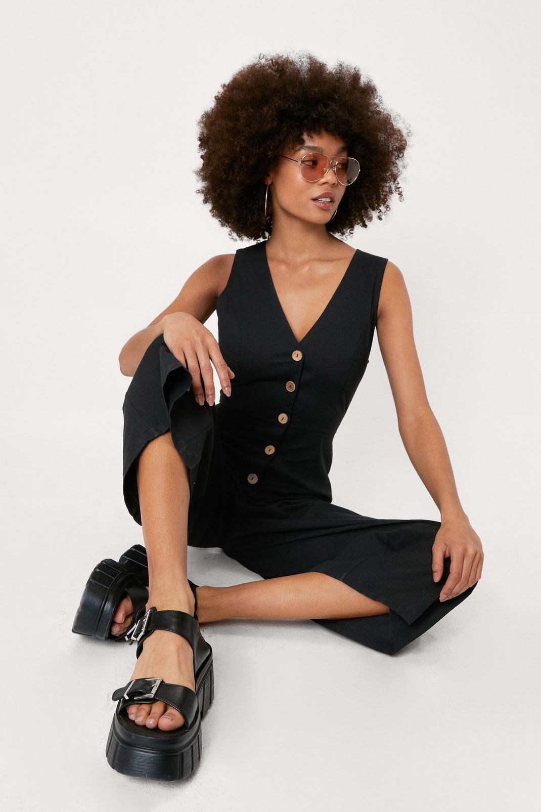 Black Linen Button Down Culotte Jumpsuit image number 1