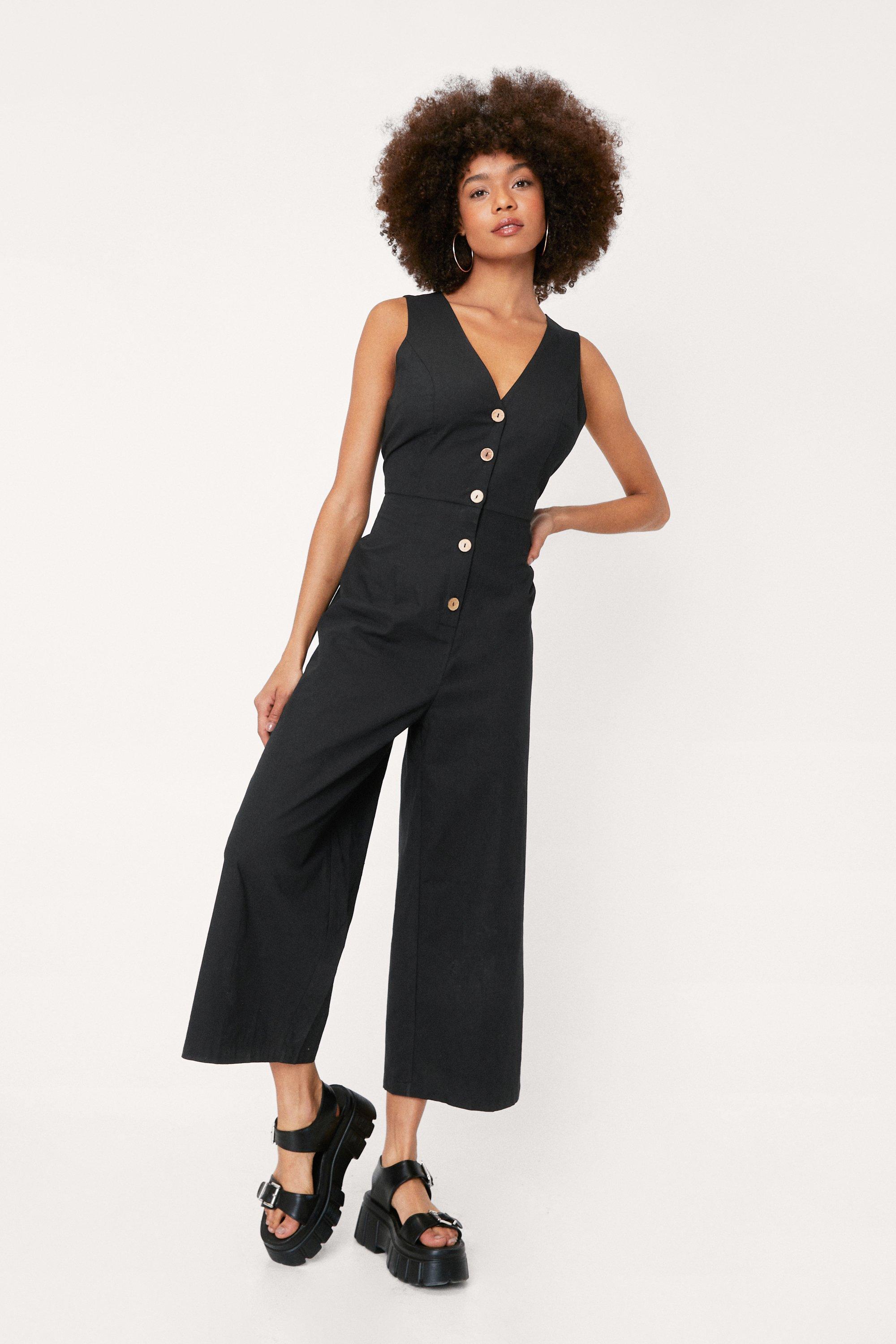 Black button down store jumpsuit