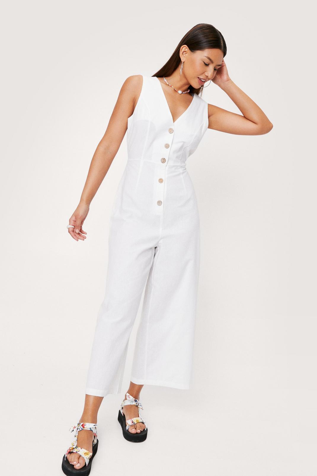 Combinaison jupe-culotte en lin à col V et boutons contrastants, White image number 1