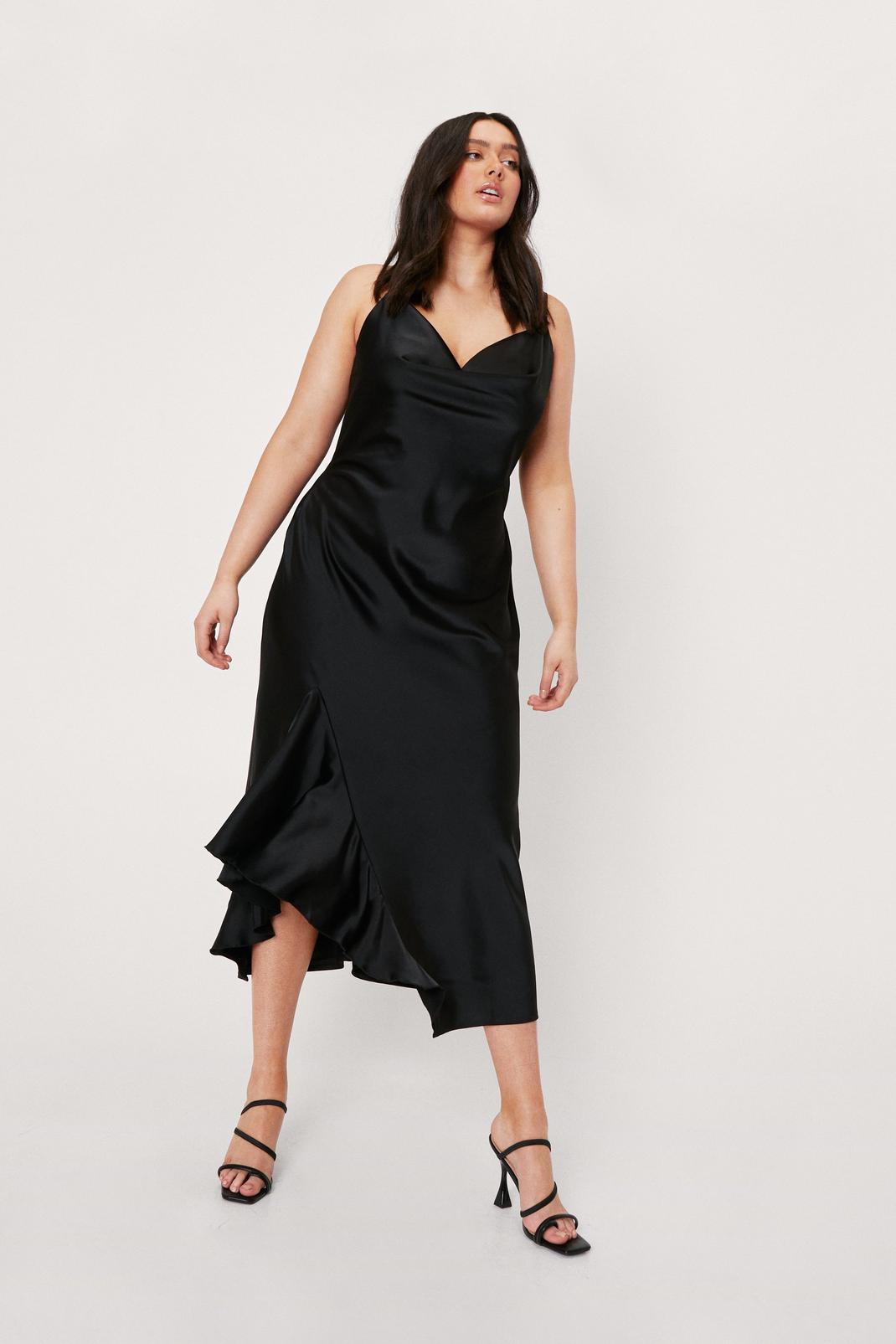 Black Plus Size Satin Cowl Neck Ruffle Midi Dress image number 1