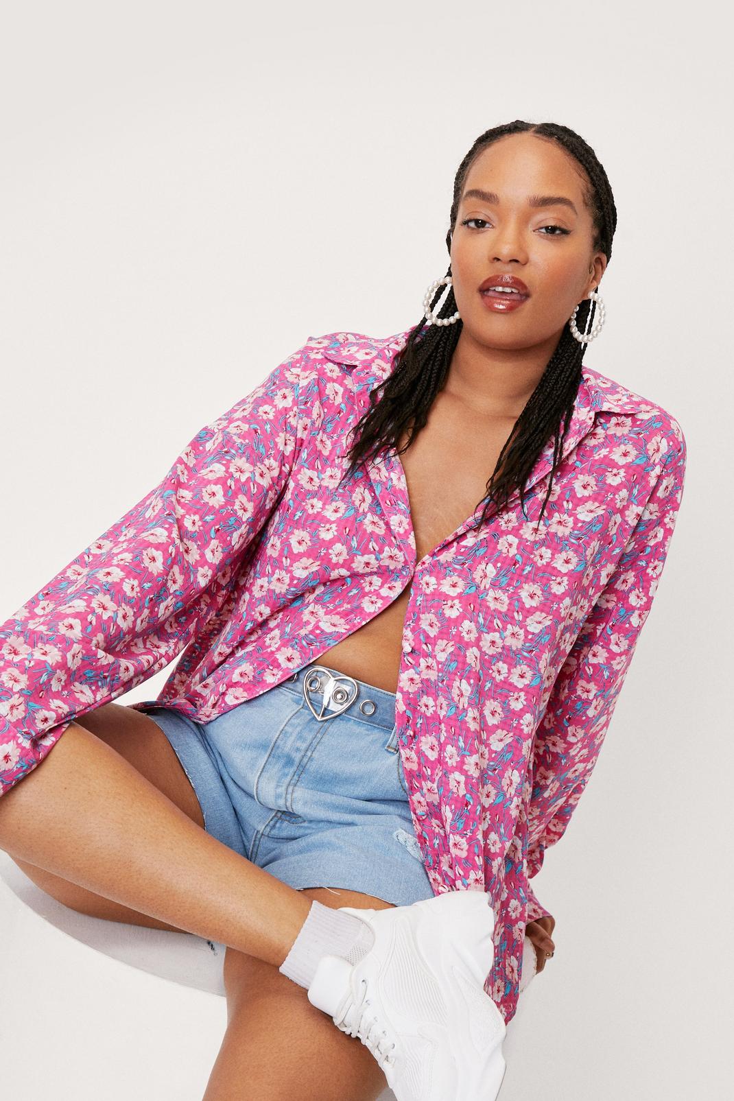 Pink Plus Size Floral Print Button Down Oversized Shirt image number 1