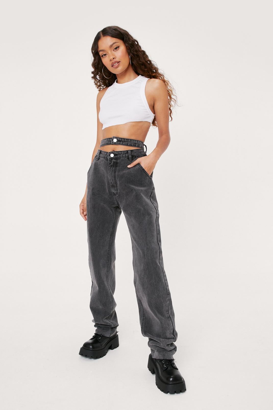 Washed black Petite Asymmetric Strap Straight Leg Jeans image number 1