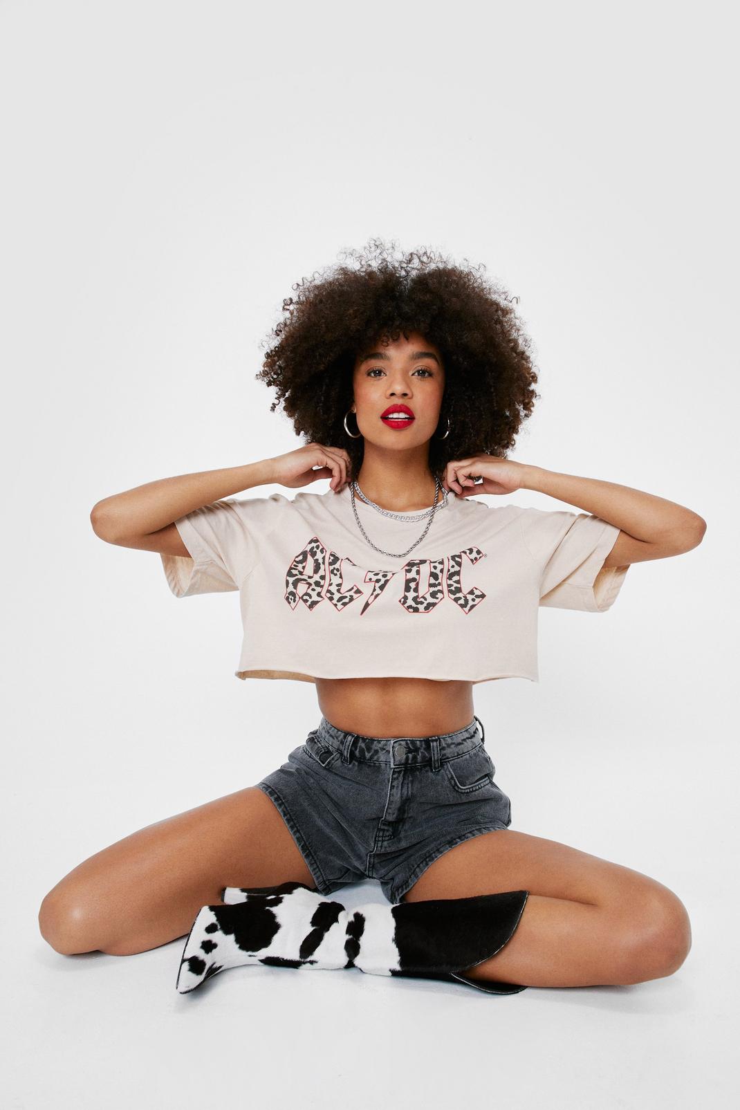 Sand ACDC Leopard Cropped Graphic T-Shirt image number 1