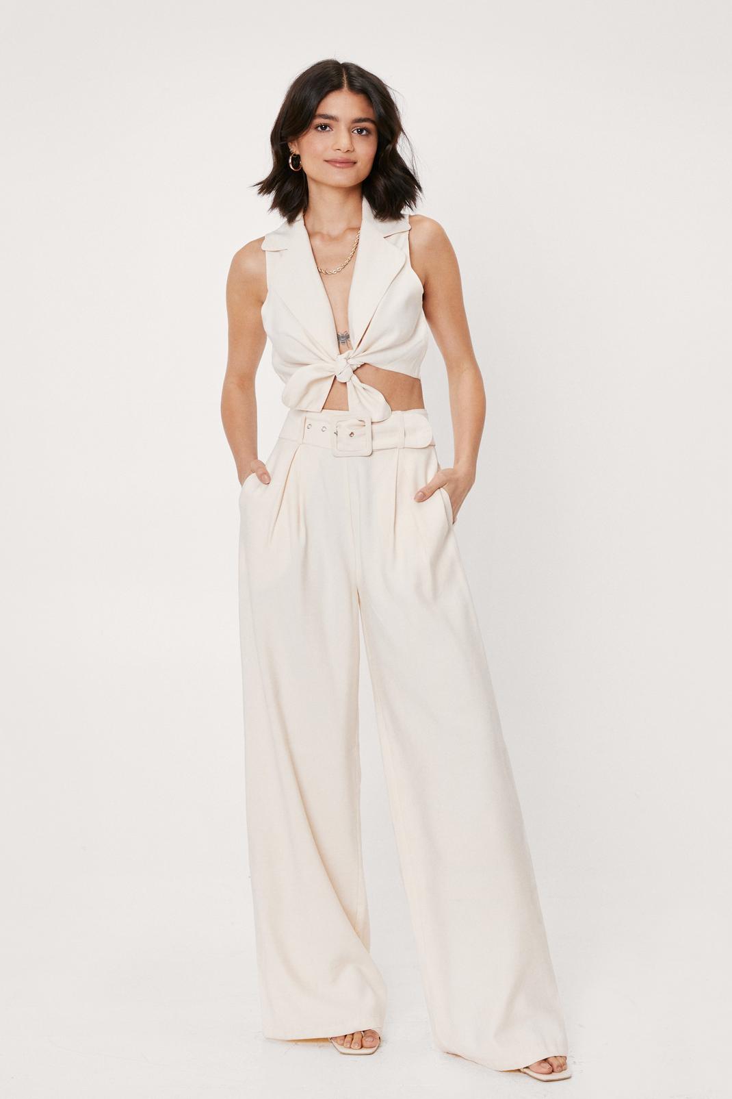 Ecru High Waisted Tailored Wide Leg Pants image number 1