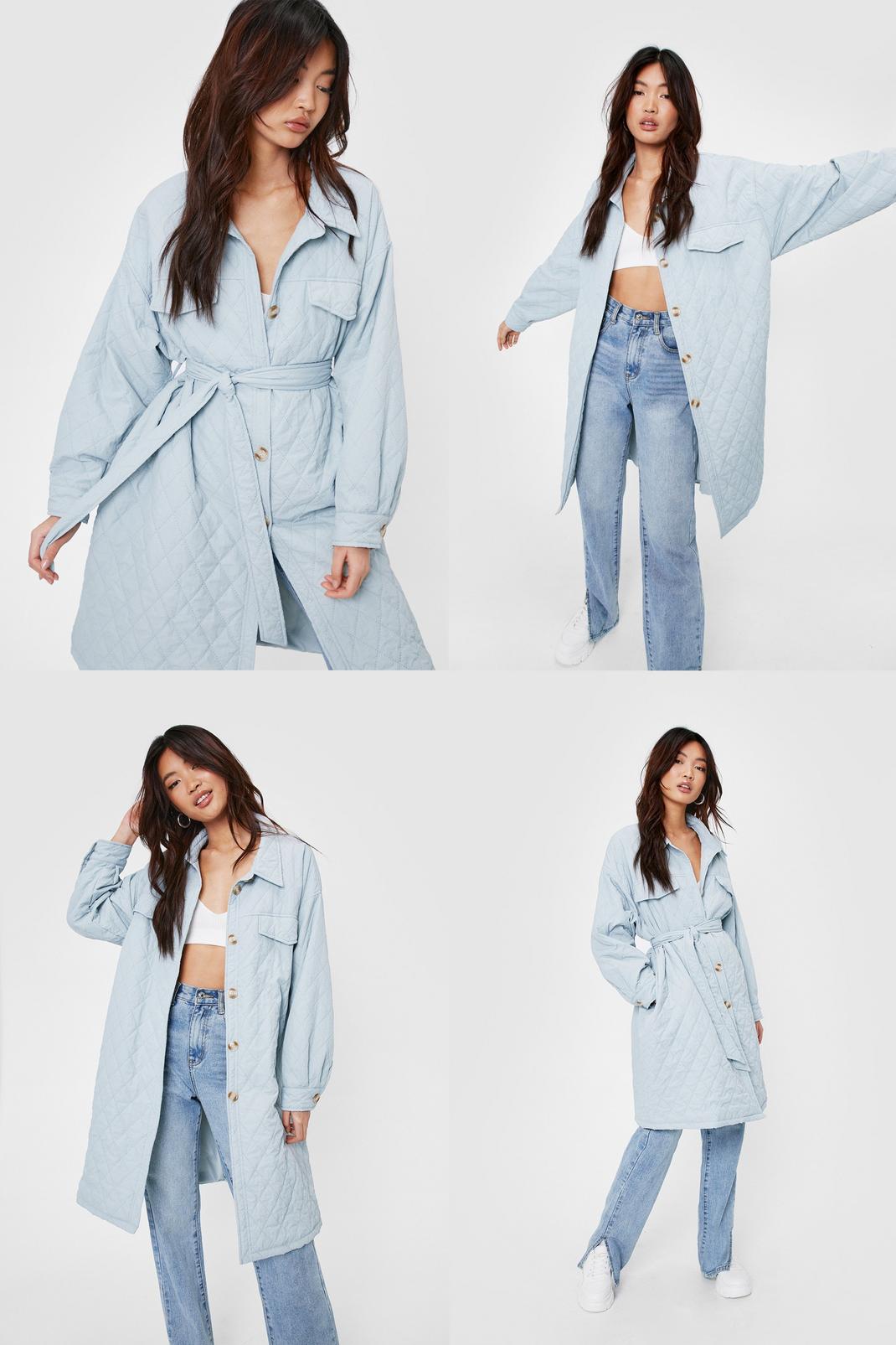 Pale blue Quilted Button Down Longline Belted Coat image number 1