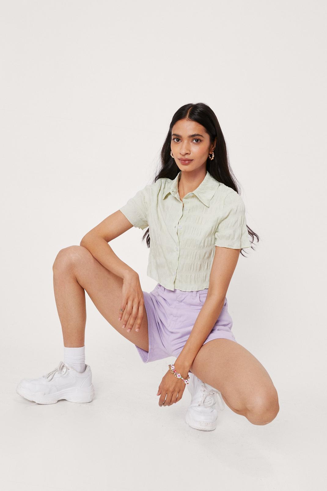 Sage Textured Check Button Down Cropped Shirt image number 1