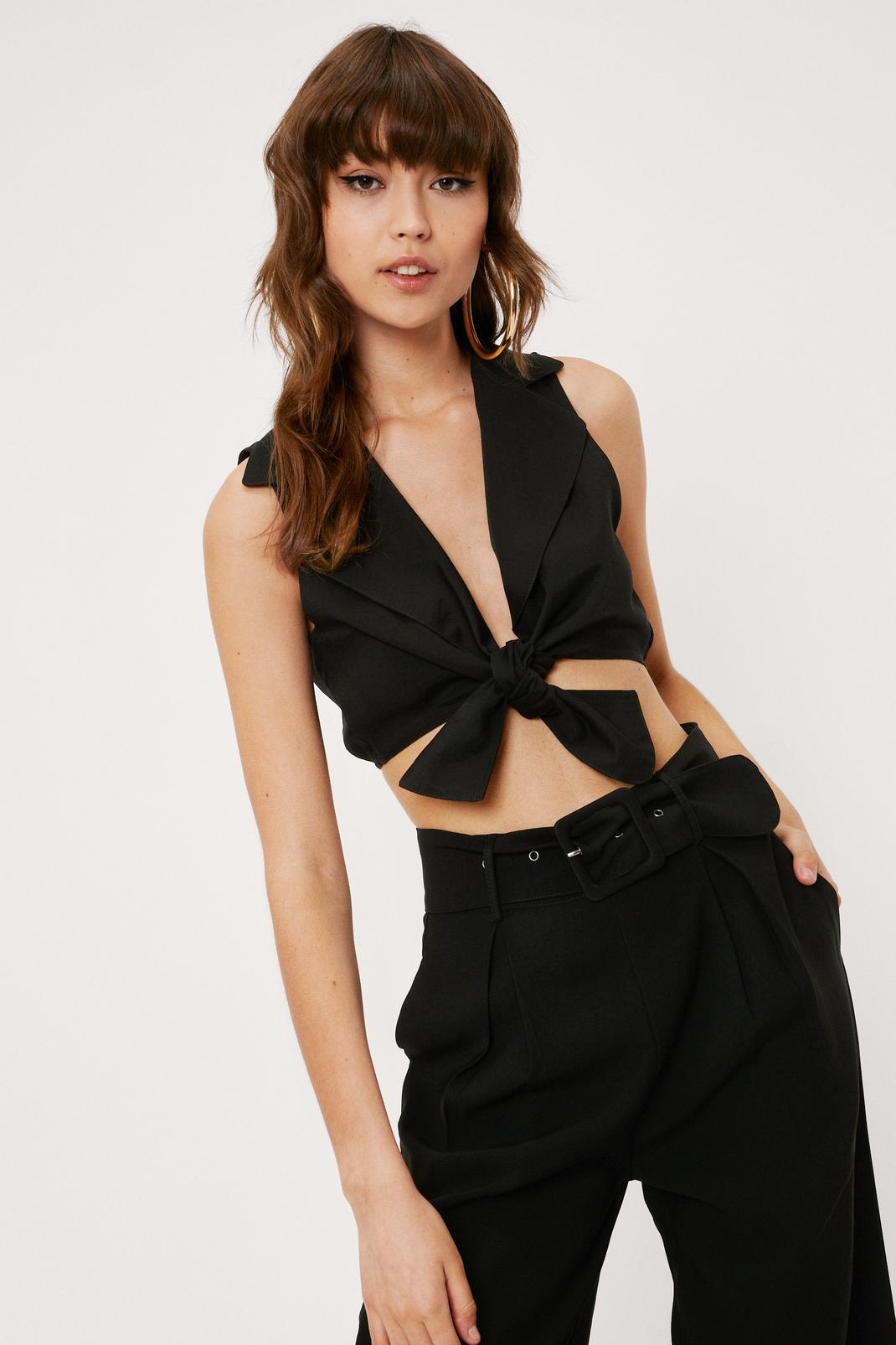 Black Sleeveless Tie Front Plunging Cropped Shirt image number 1