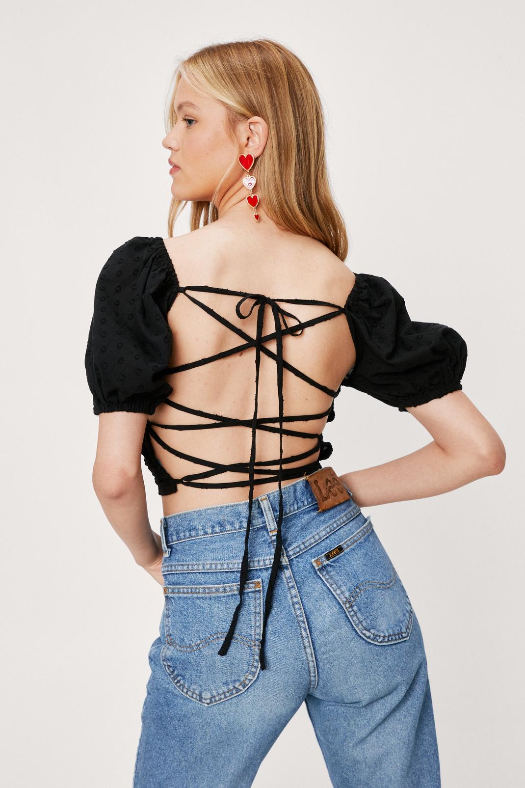Black Lace Up Open Back Spotty Puff Sleeve Crop Top image number 1