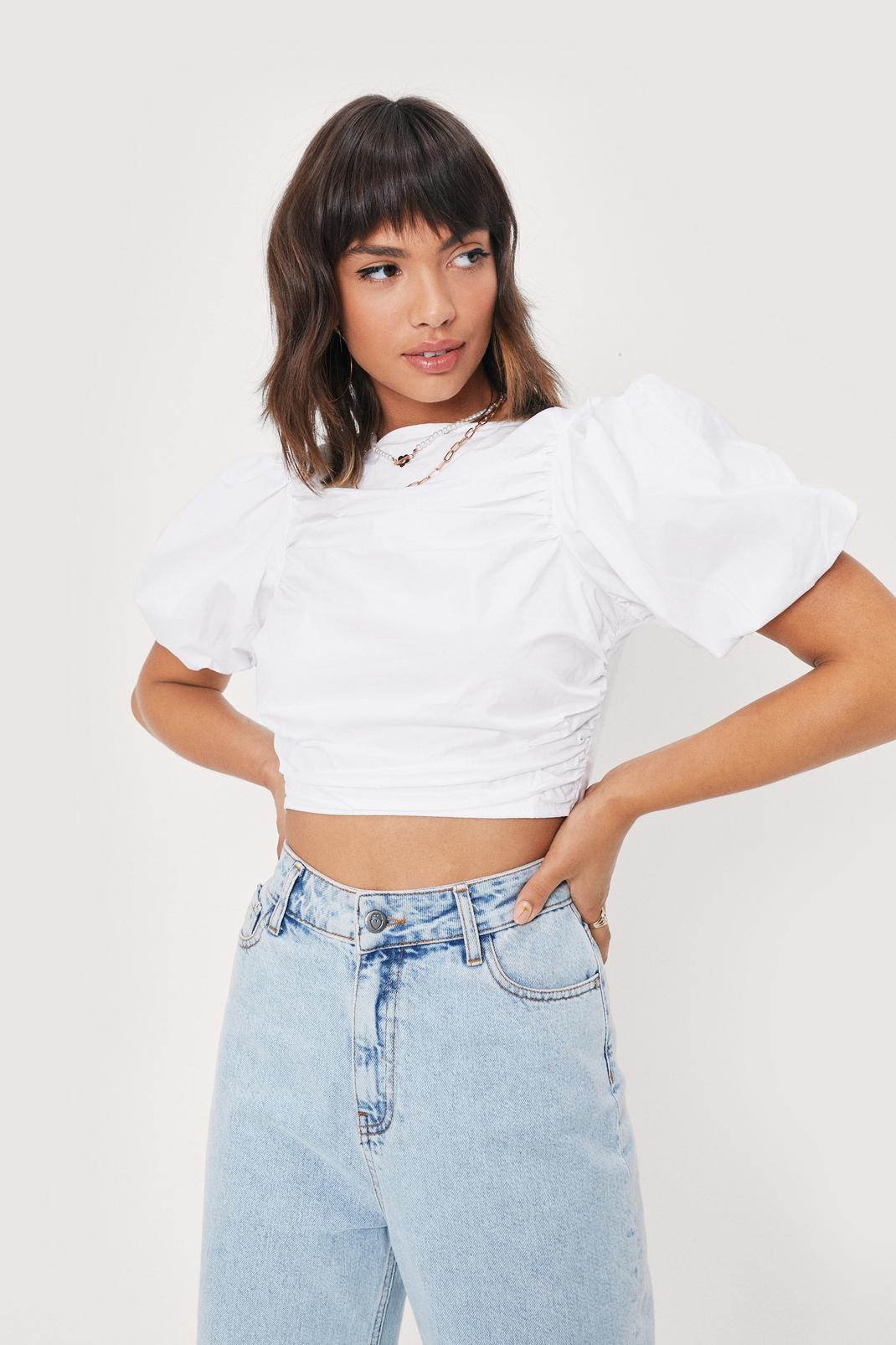White Poplin Ruched Puff Sleeve Crop Top image number 1