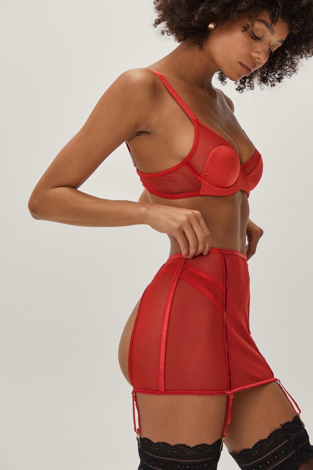 Red Mesh 3 Pc Bralette Thong and Suspender Set image number 1