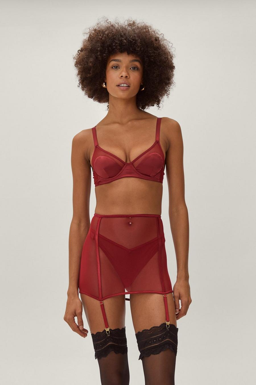 Mesh 3 Pc Bralette Thong and Suspender Set