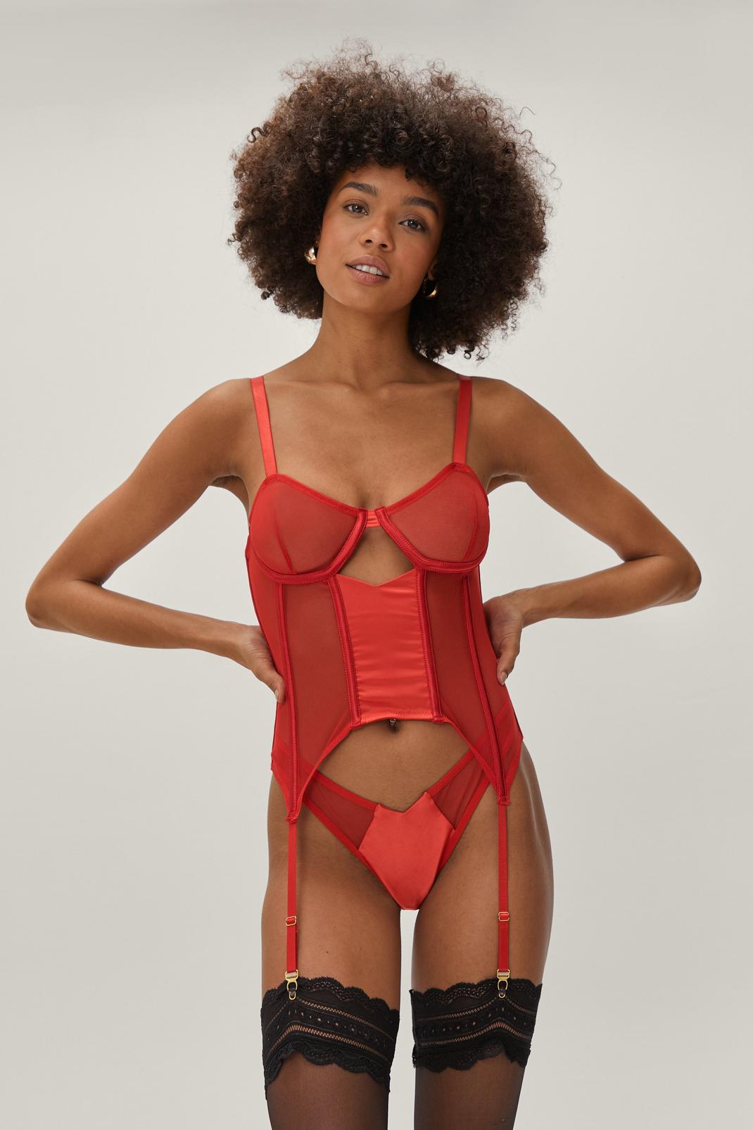 Red Mesh Longline Corset Bralette and Thong Set image number 1