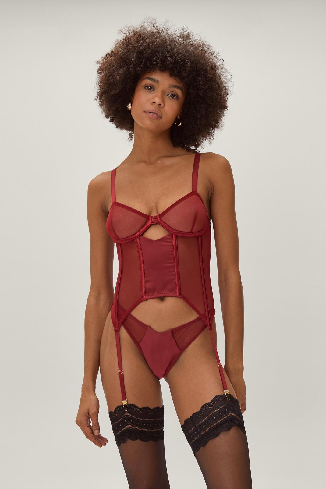 293 Mesh Longline Corset Bralette and Thong Set image number 1