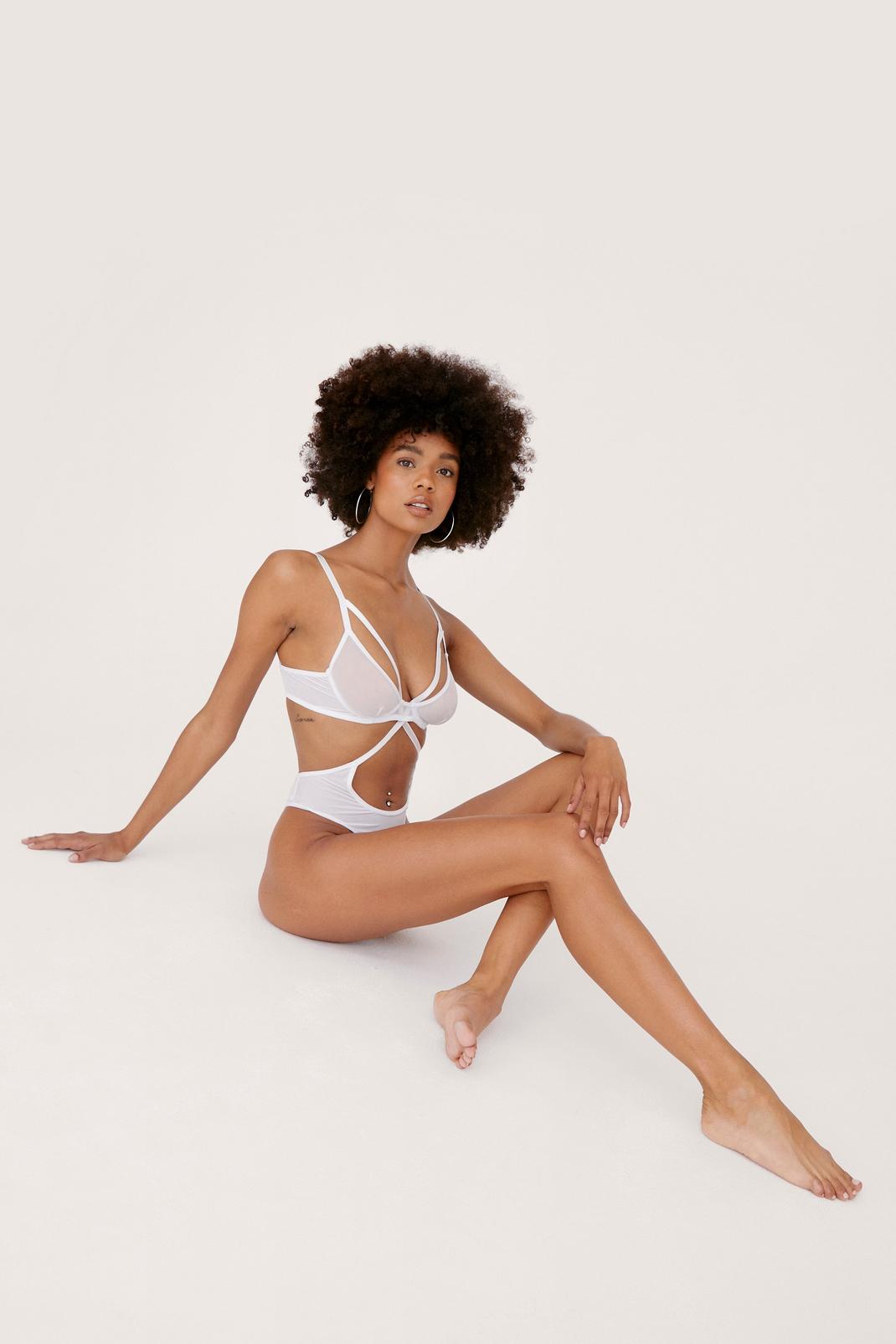 White Mesh Underwire Cut Out Strappy Bodysuit image number 1