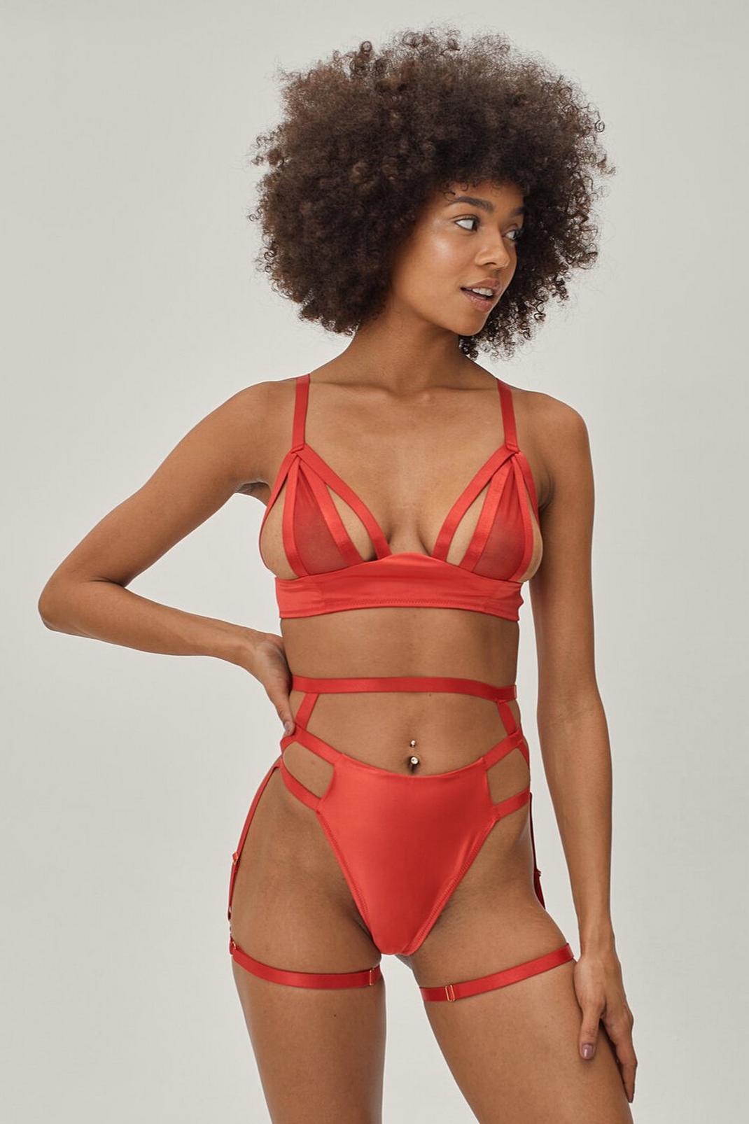 Red Strappy 3 Pc Bralette Thong and Harness Set image number 1