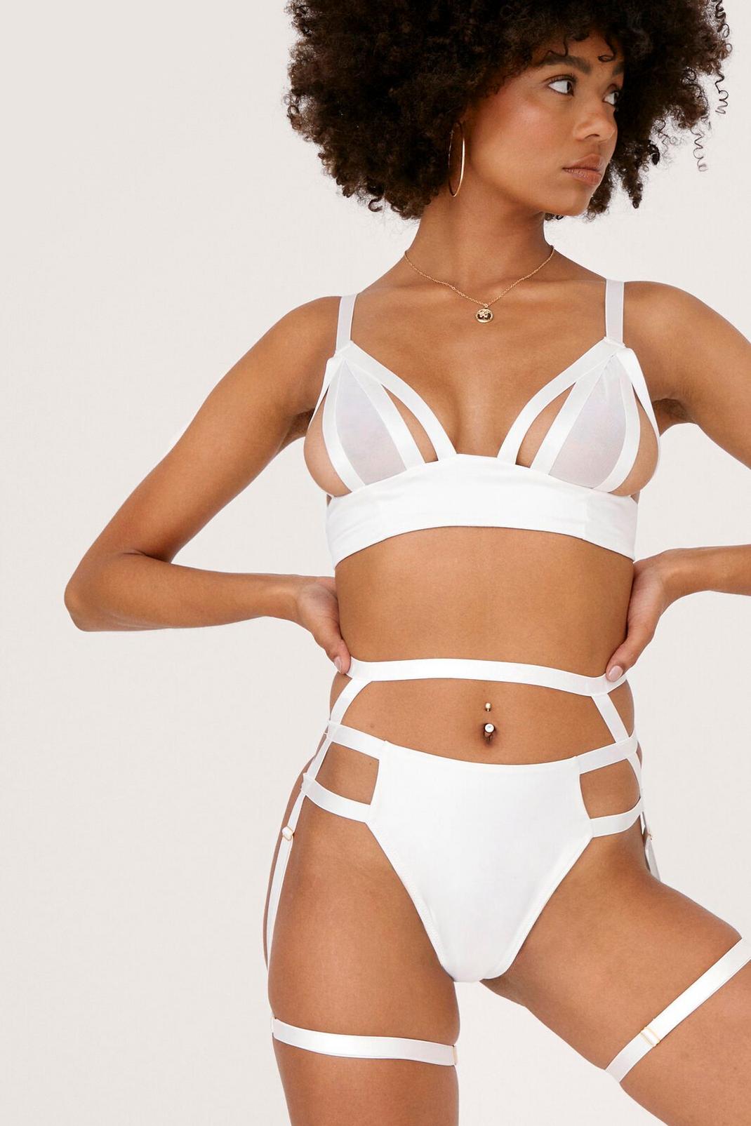 White Strappy 3 Pc Bralette Thong and Harness Set image number 1
