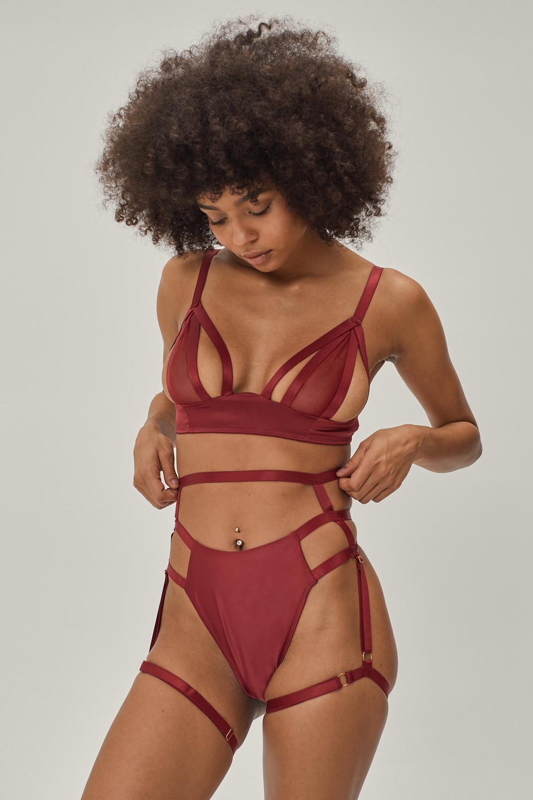 Wine Strappy 3 Pc Bralette Thong and Harness Set image number 1