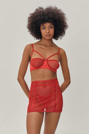 Mesh Underwire 3 Pc Lingerie and Suspender Set red