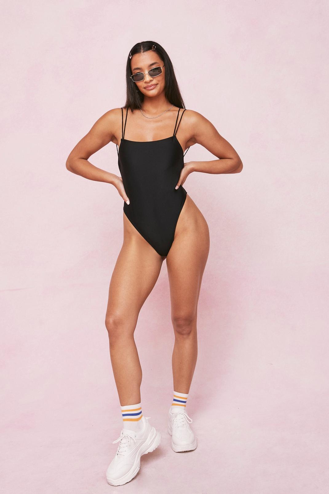 Black Strappy Square Neck High Leg Swimsuit image number 1
