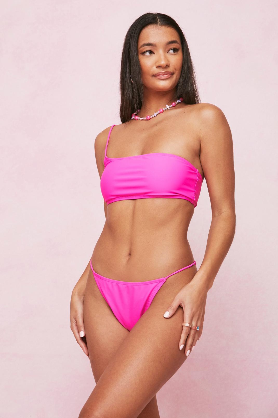 Bikini haut bandeau asymétrique et bas taille haute basique, Hot pink image number 1
