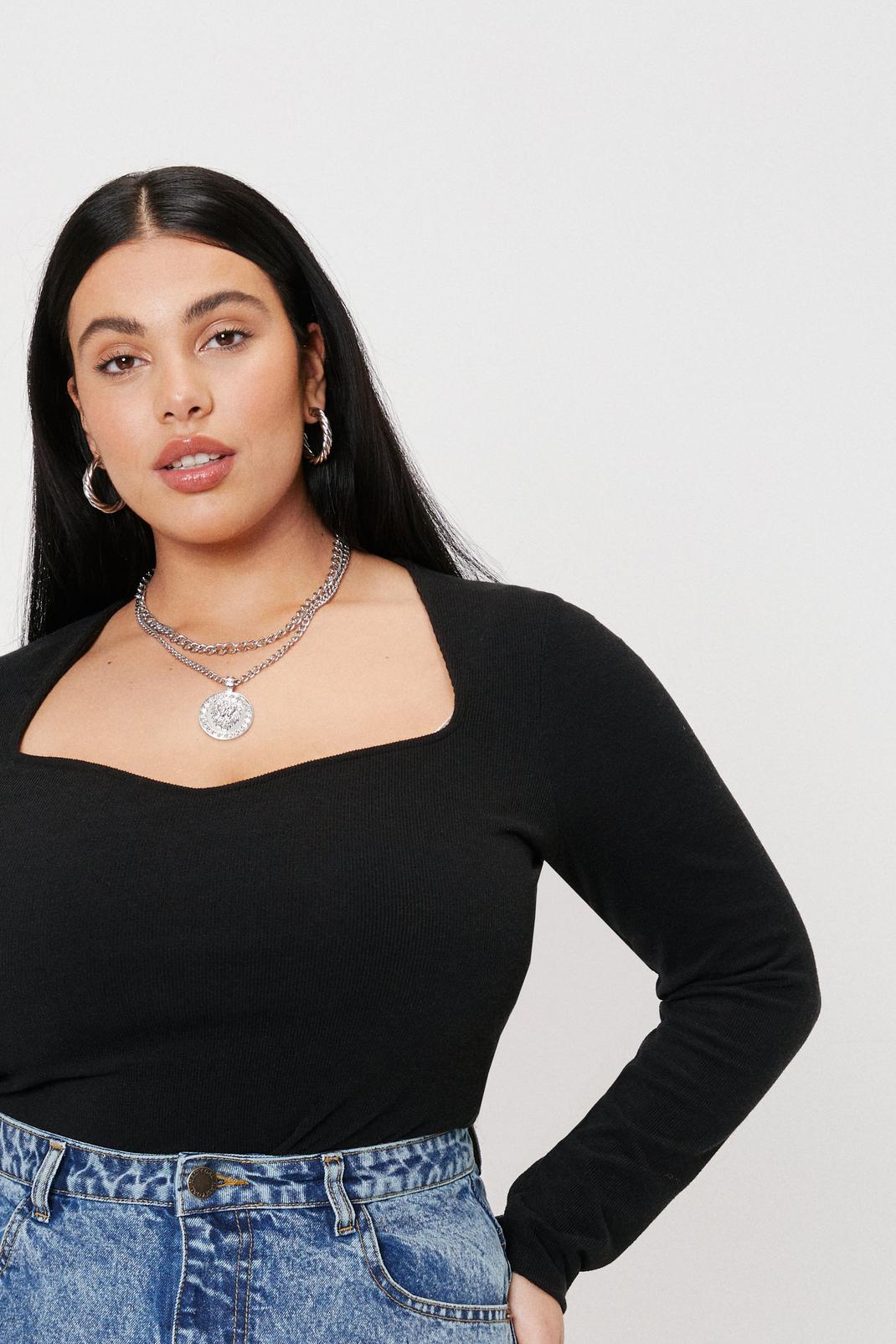 Black Plus Size Sweetheart Neckline Ribbed Top image number 1