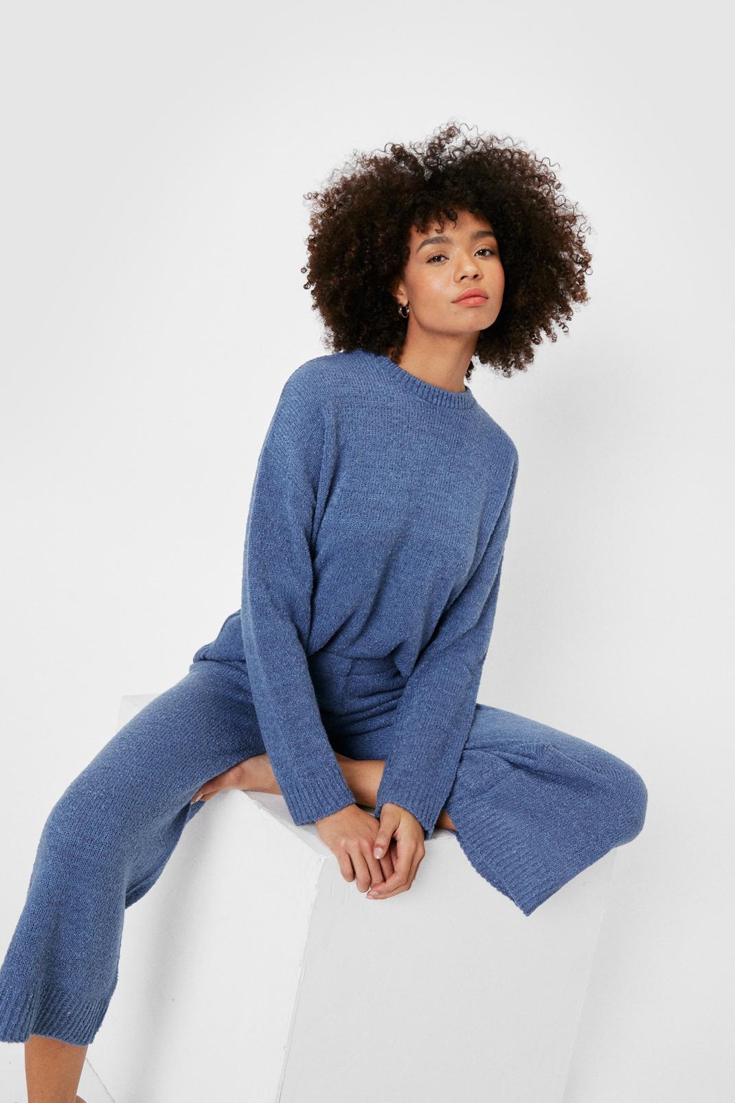 Denim-blue Boucle Knit Sweater and Shorts Lounge Set image number 1