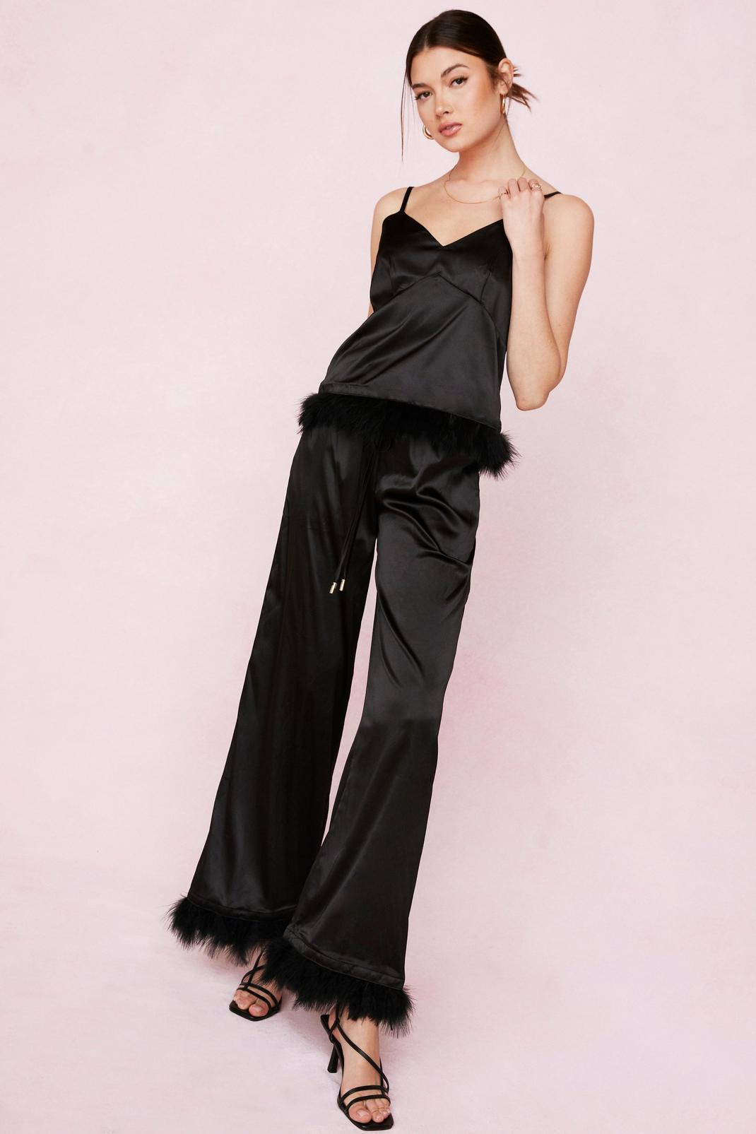 Black Satin Feather Pyjama Cami Top and Trousers Set image number 1