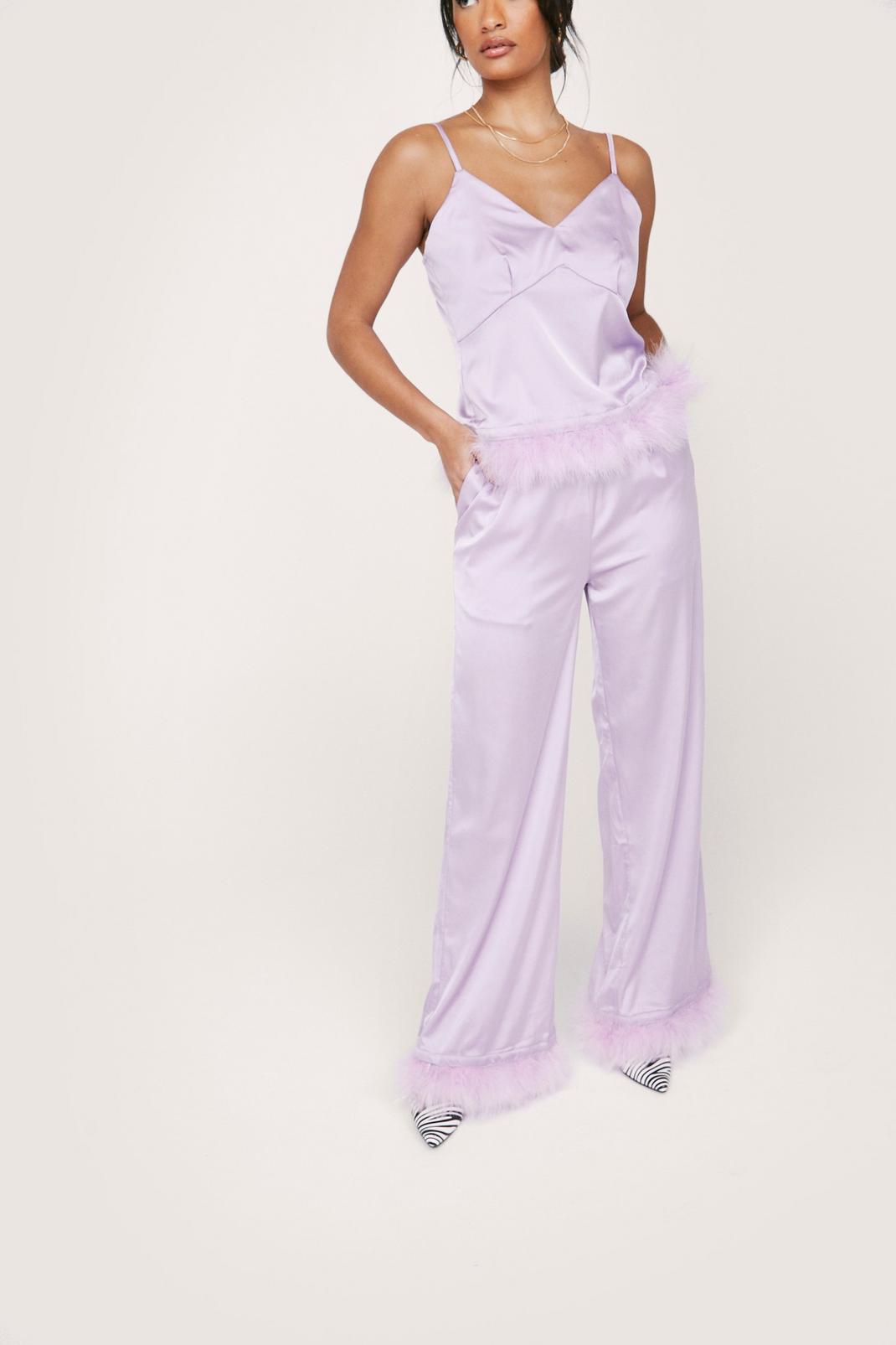 Lilac Satin Feather Pajama Cami Top and Pants Set image number 1