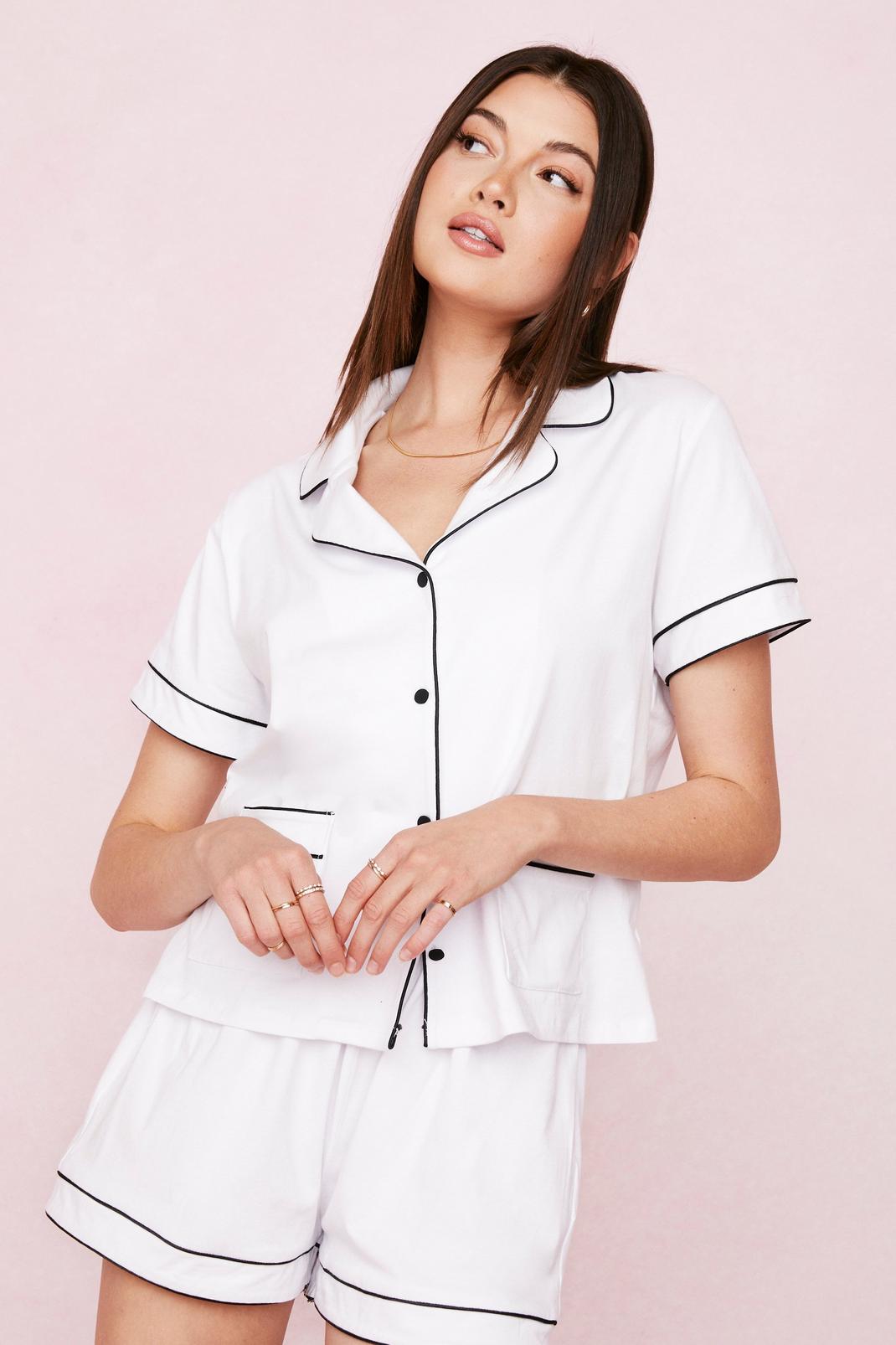Pyjama en coton chemise & short à liseré contrastant, White image number 1