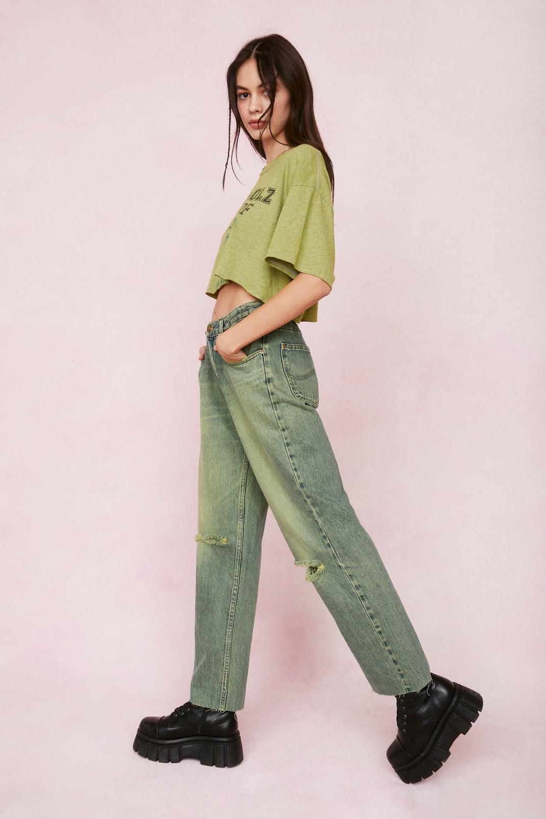 Vintage - Jean droit délavé effet usé à taille haute, Lime image number 1