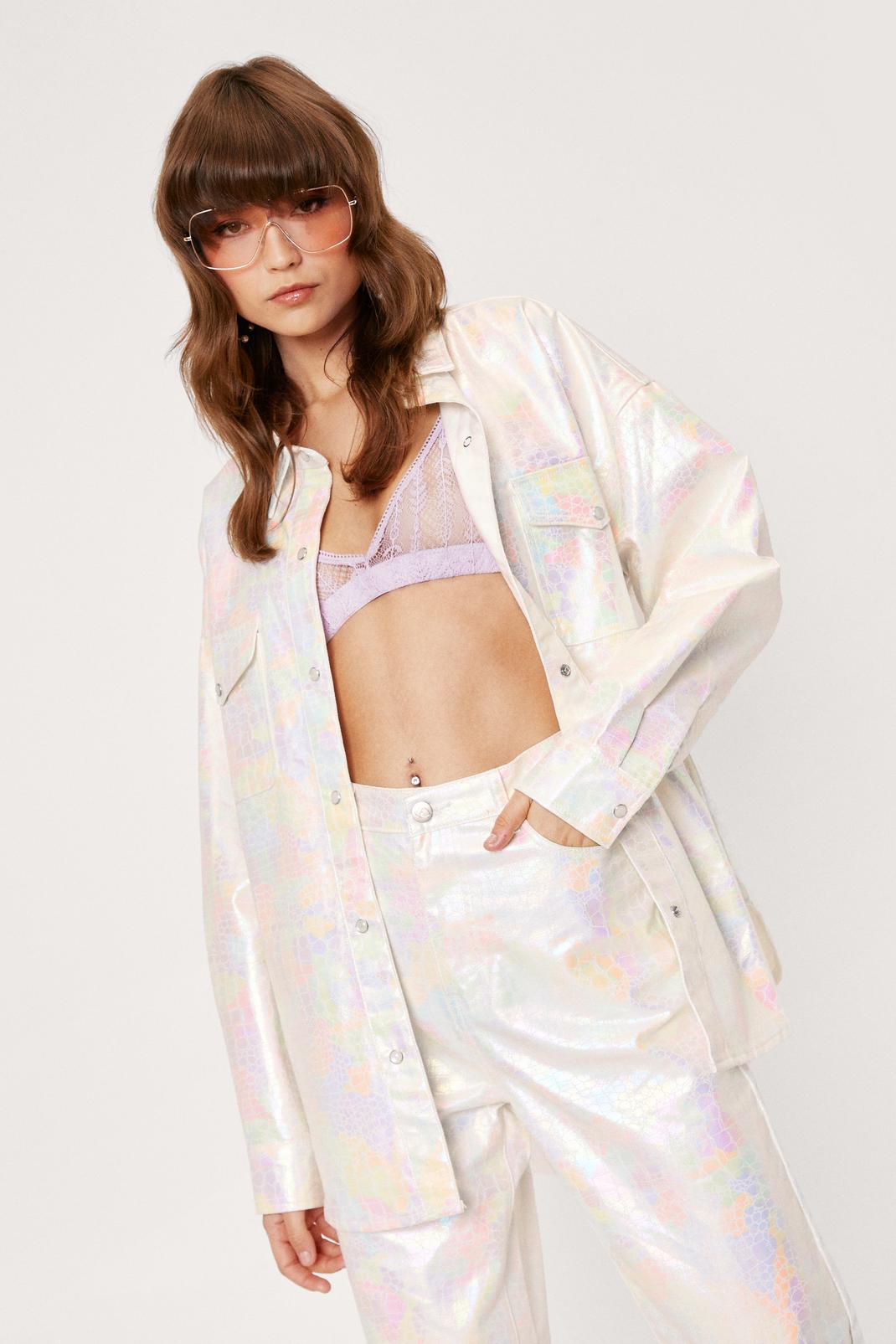 Pearlescent Coated Croc Oversized Shirt, White image number 1