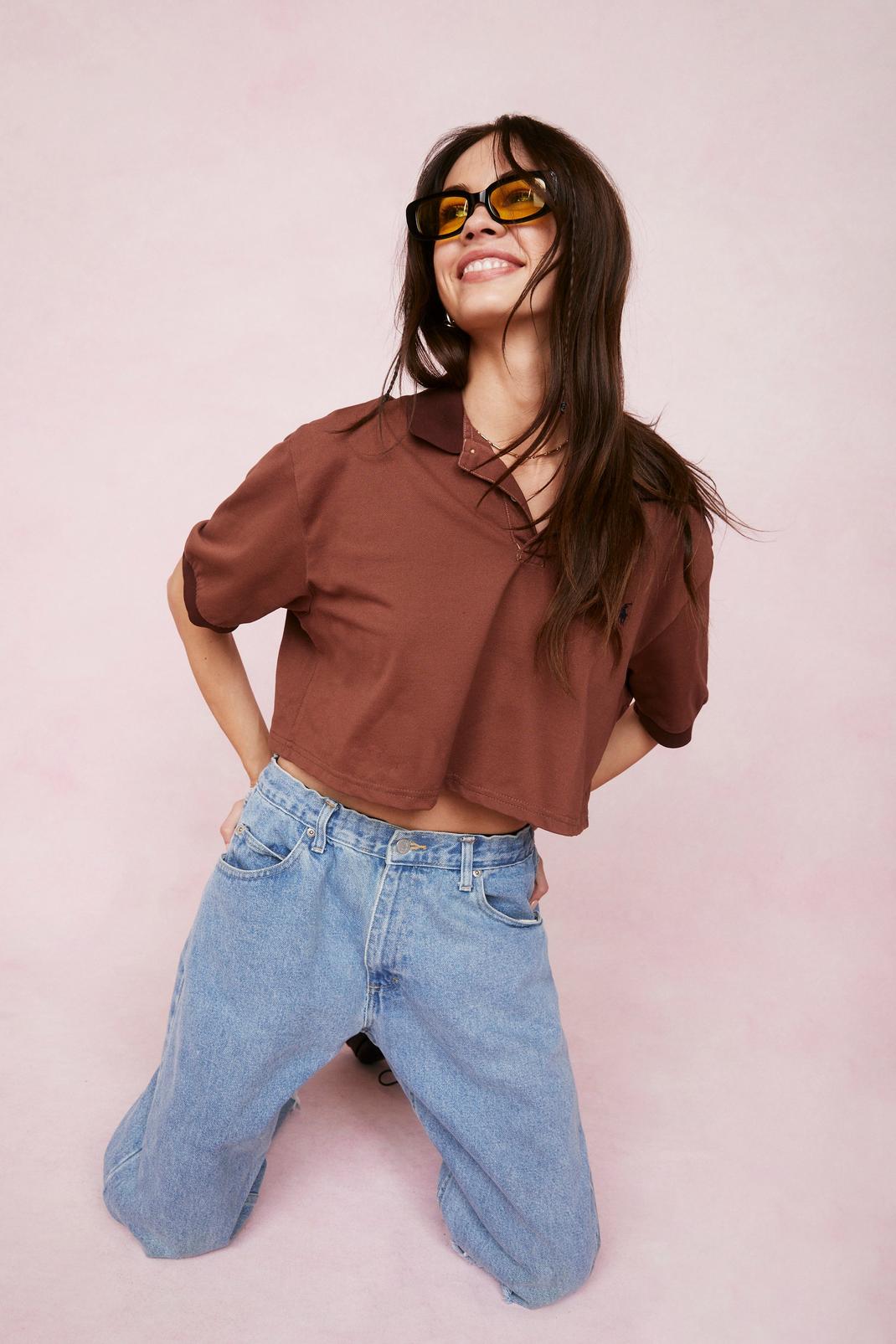 Vintage - Crop top oversize style polo, Chocolate image number 1