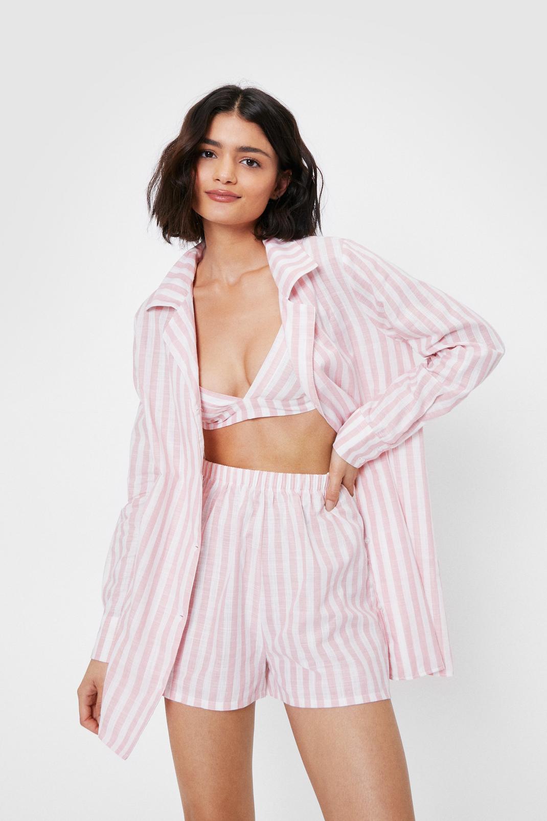 Pyjama 3 pièces chemise brassière & short à rayures, Pink image number 1