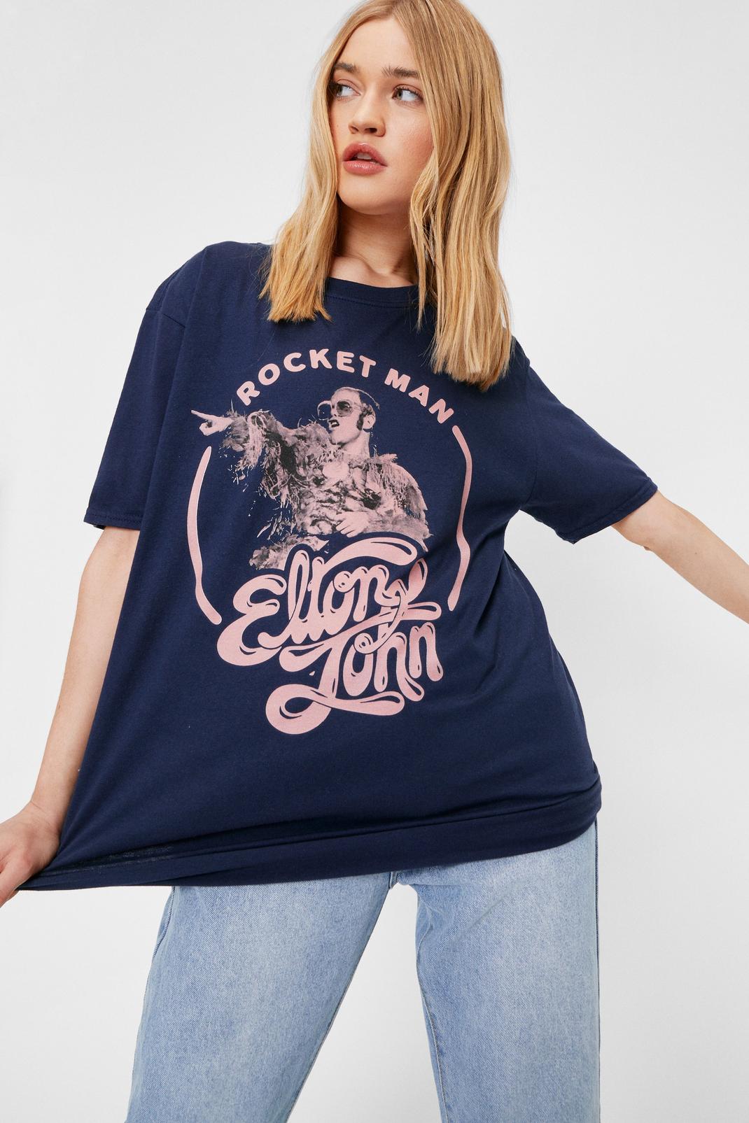 Elton John Rocket Man Oversized Graphic Band T-Shirt, Navy image number 1