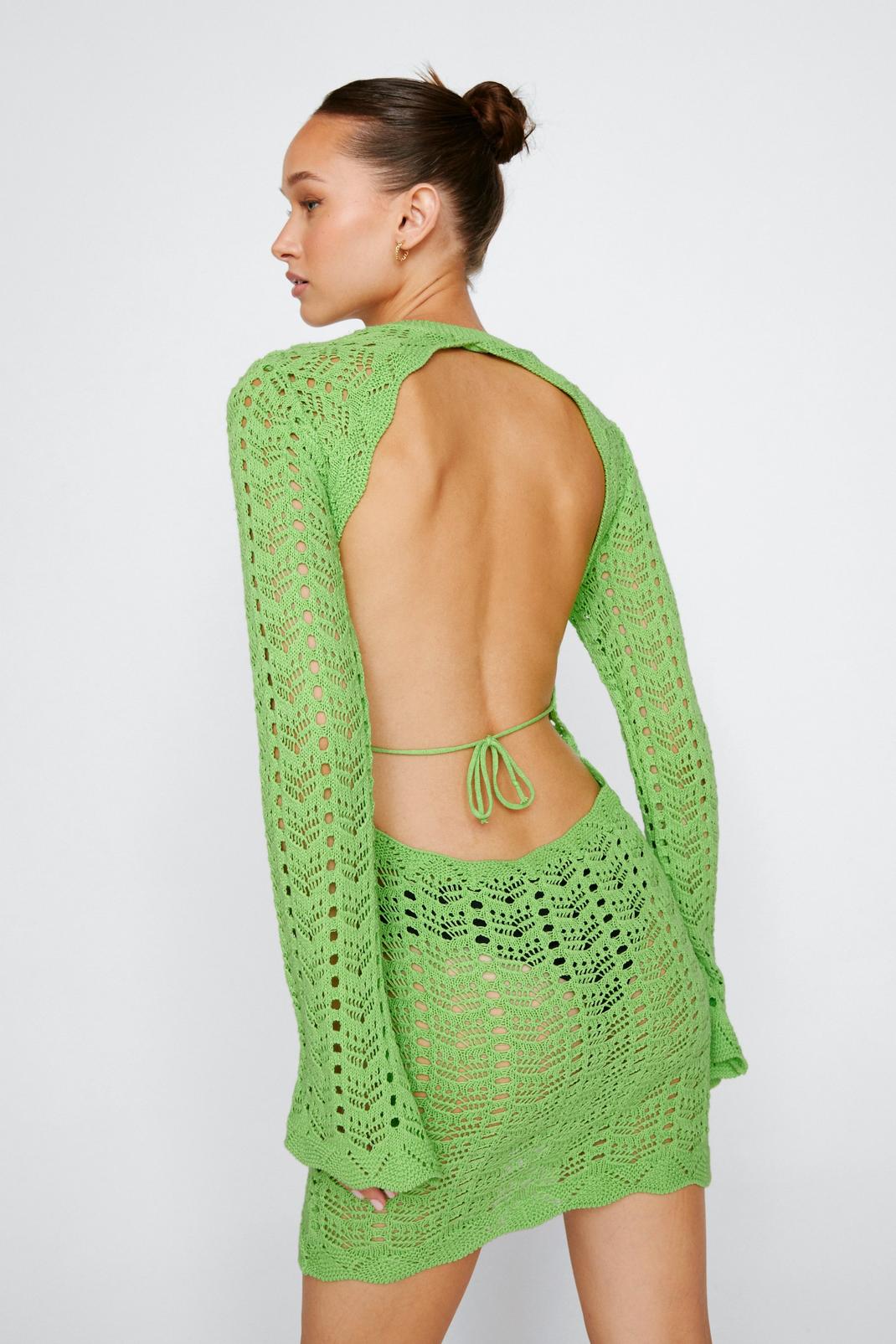 Lime Crochet Knitted Backless Mini Dress image number 1