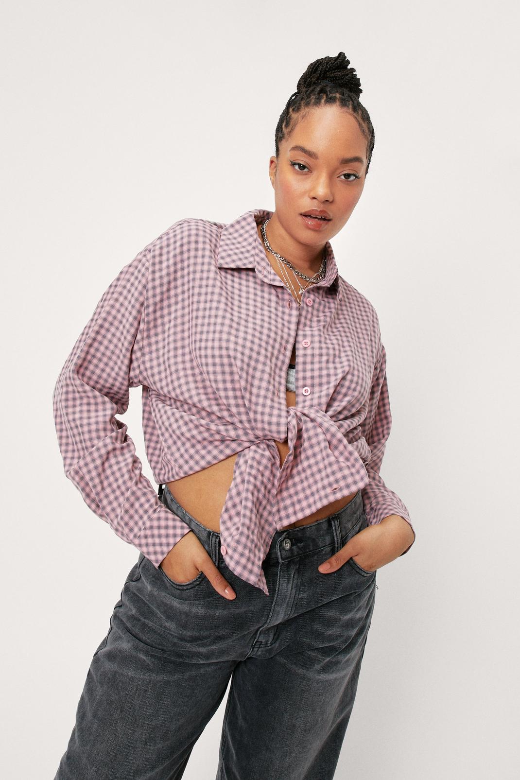 Pink Plus Size Check Button Down Shirt image number 1
