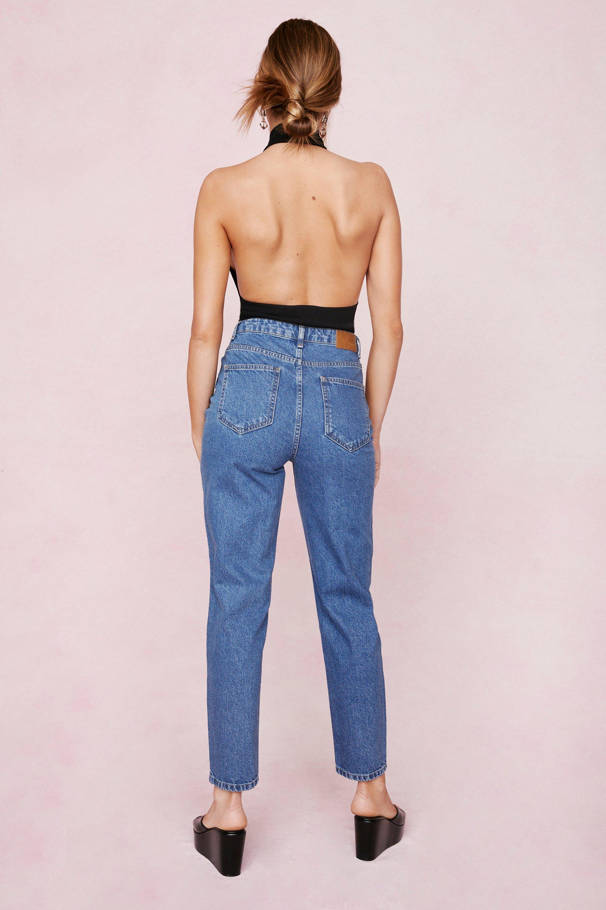 high rise dark wash mom jeans