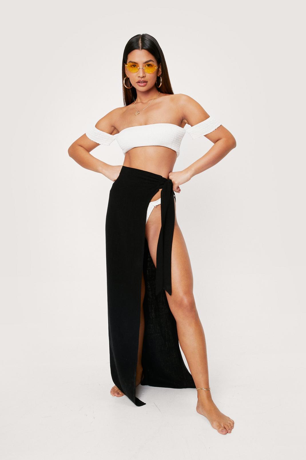 Black High Waisted Tie Side Maxi Cover Up Sarong image number 1