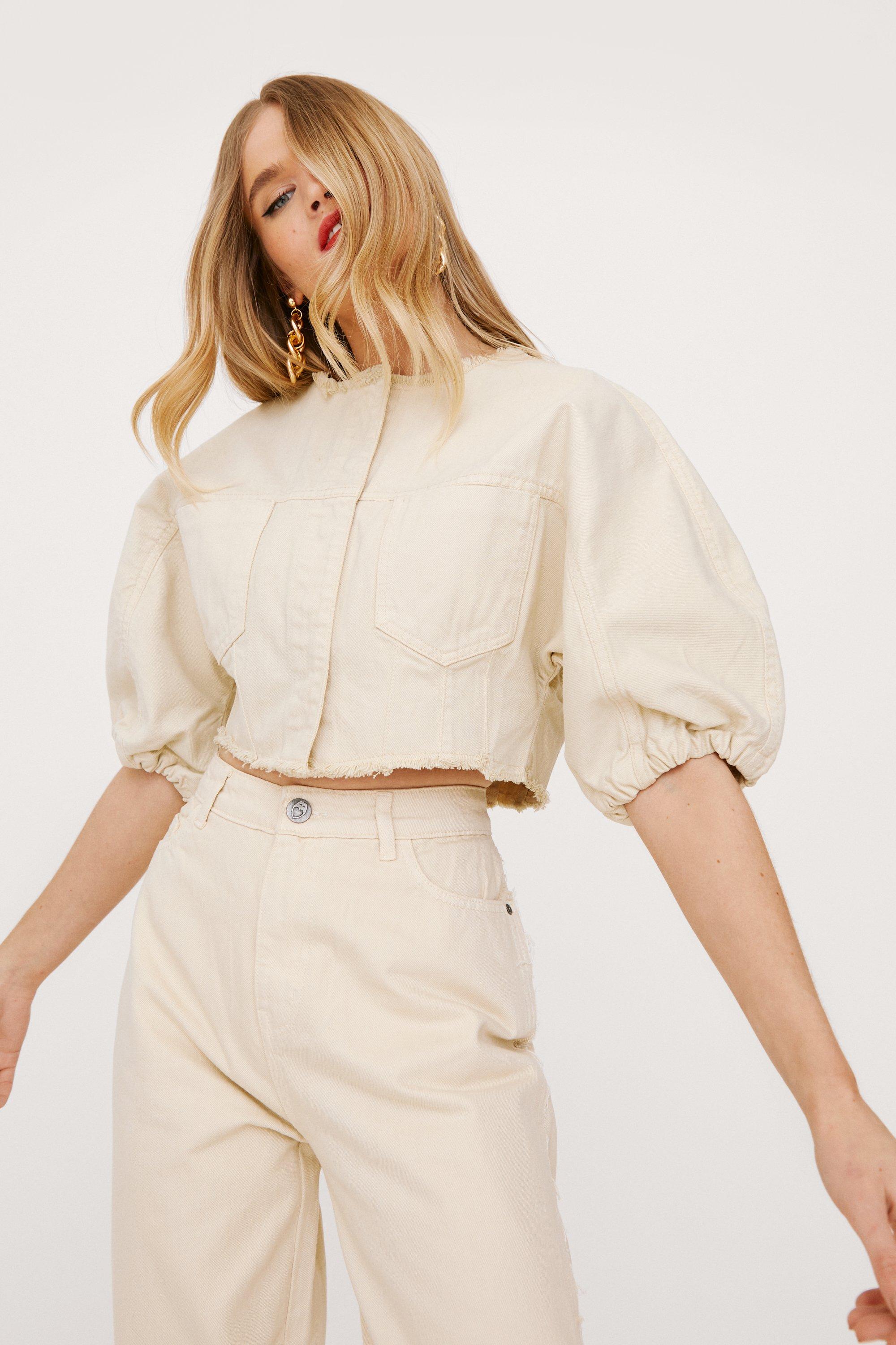 Cropped Puff Sleeve Denim Shirt Jacket