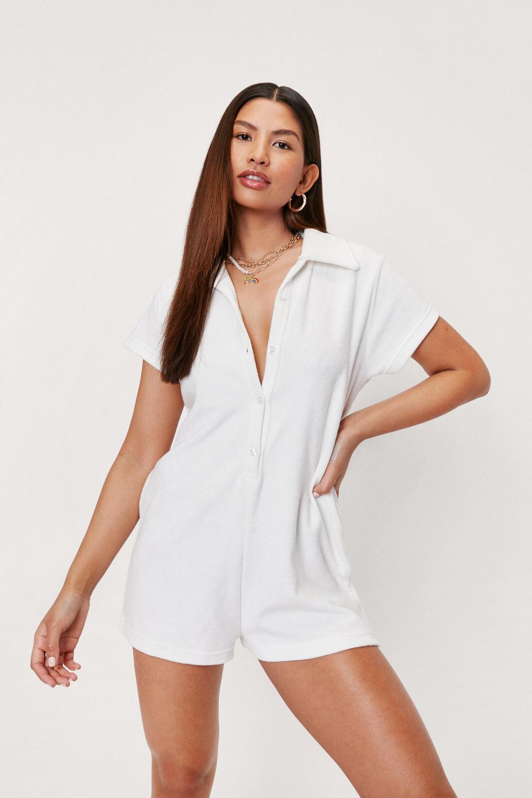 White Collared Button Down Short Sleeve Playsuit image number 1