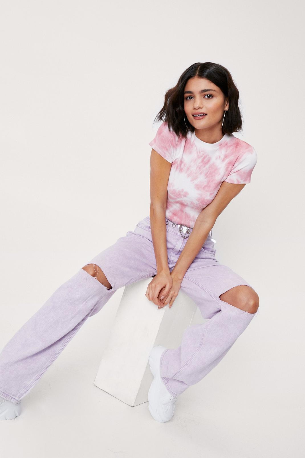 Pink Ribbed Cropped Tie Dye Print T-Shirt image number 1