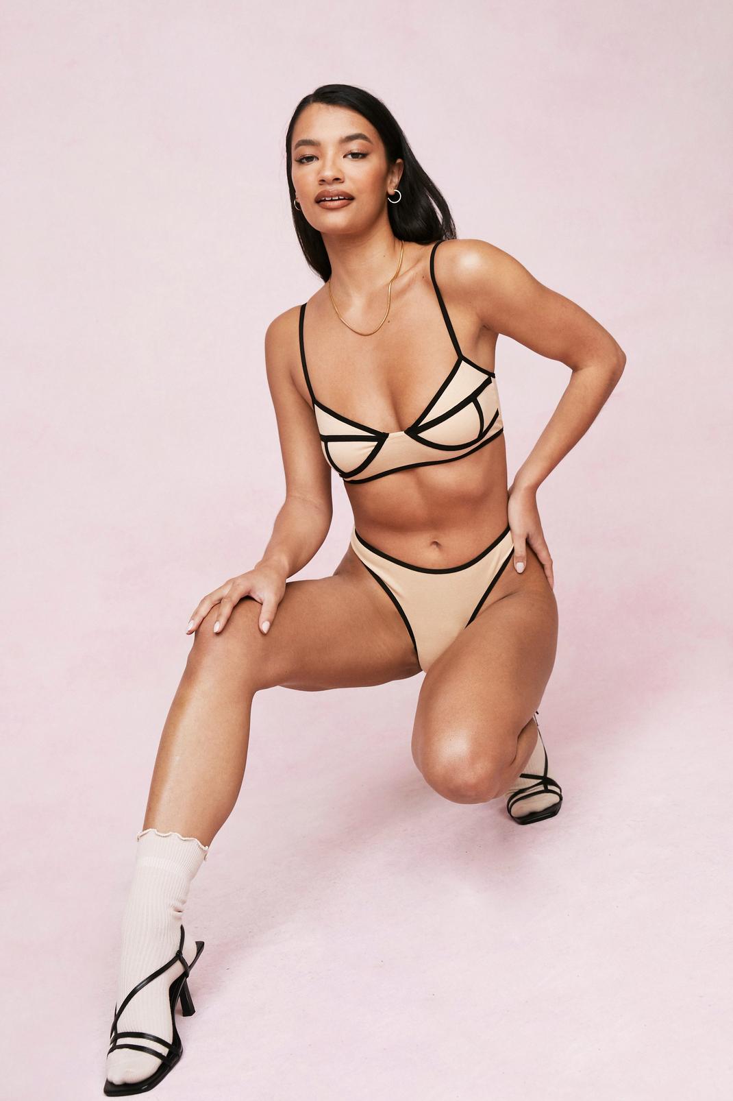 Cream Contrast Cupped Bralette and Thong Set image number 1