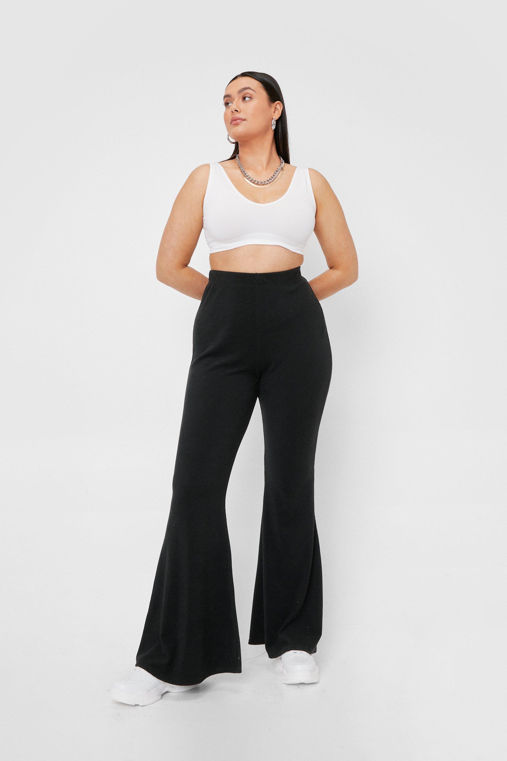Wholesale Womens Plus Size High Waist Flare Pants With Front Pleating &  Button Waist Detail - Black