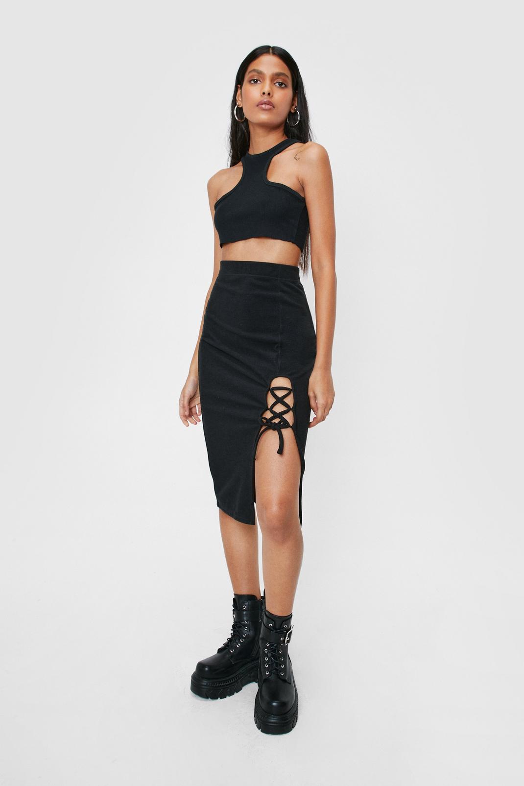 Black Lace Up Tie Front Midi Skirt image number 1
