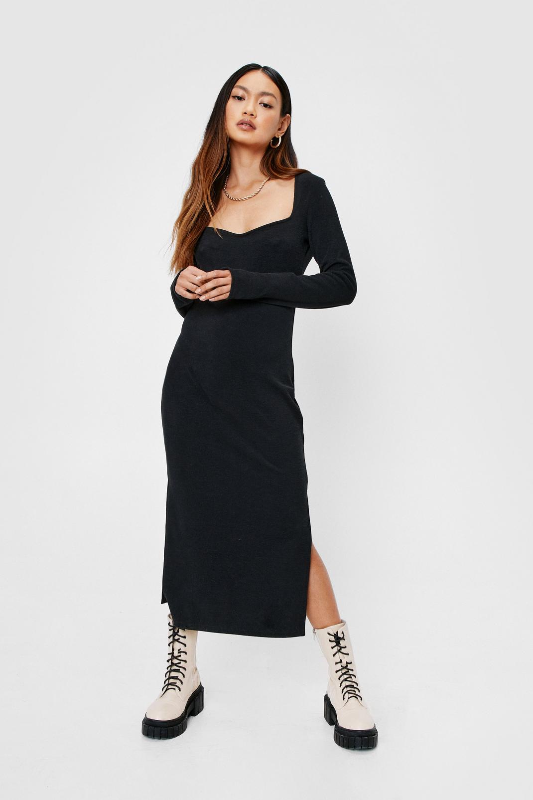 Black Petite Ribbed Midi Dress image number 1