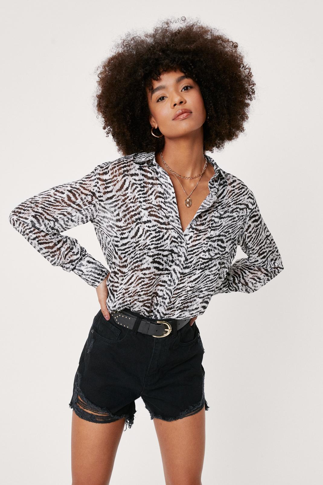 White Oversized Animal Print Button Down Shirt image number 1