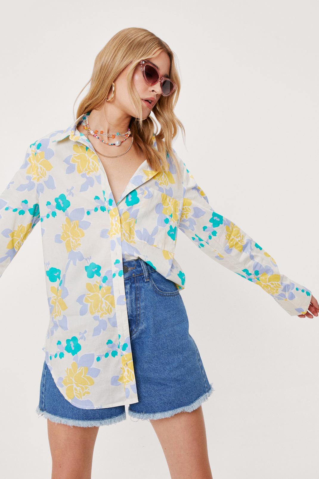 Blue Floral Print Oversized Slouchy Button Down Shirt image number 1