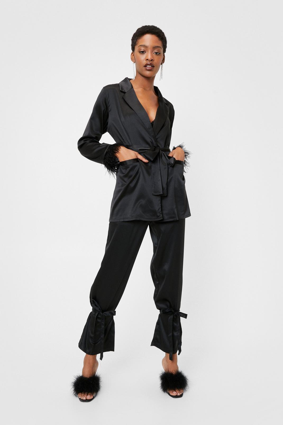 Black Satin Feather Trim Belted Jacket and Trousers Set image number 1